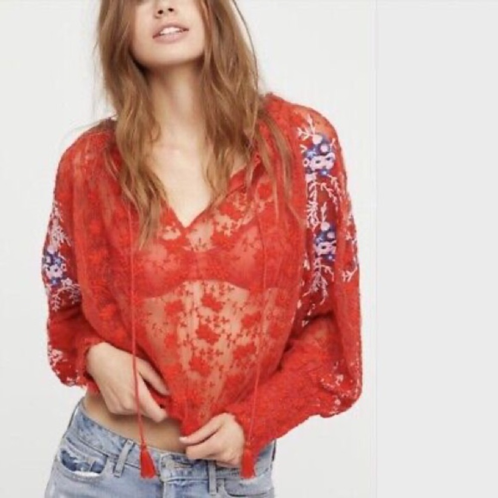 Free People Red Sheer Lace Embroidered Peasant Top